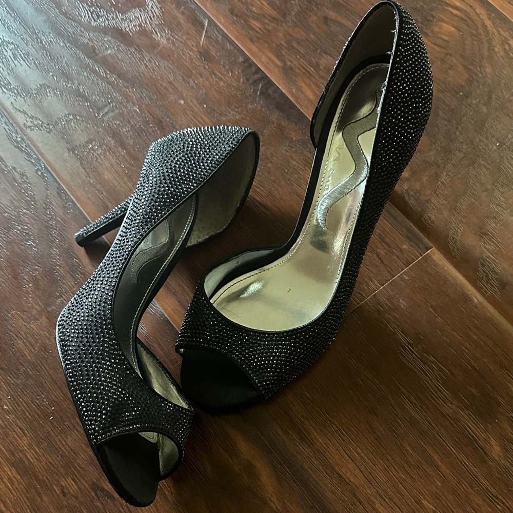 Nina Black Rhinestone Peep-Toe Heels